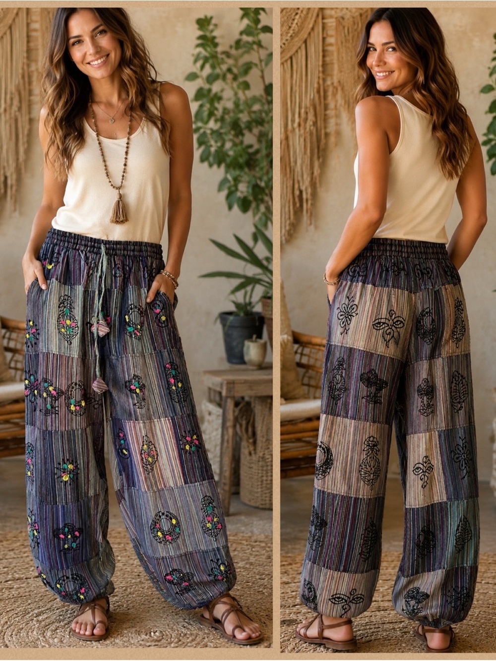 Ananta Boho Patchwork Wide-Leg Colorful Striped Harem Folk Print Pants Size L/XL
